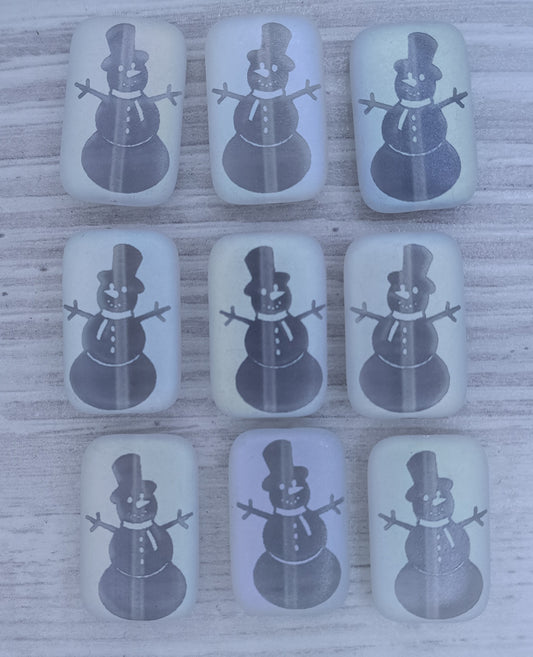 4 x Rectangular beads in Matt Crystal with Snowman (18x12mm)