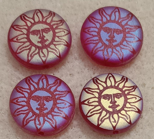 4 x 14mm disc beads in Matt Red with laser etched face in sun