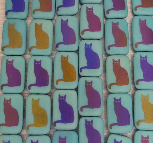 6 x Rectangular beads in Green Turquoise with cat design (18x12mm)