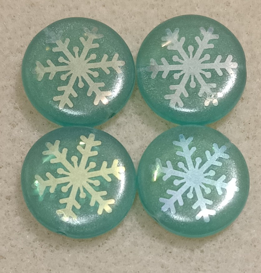4 x 17mm disc beads in Green Turquoise Opal with Snowflake design