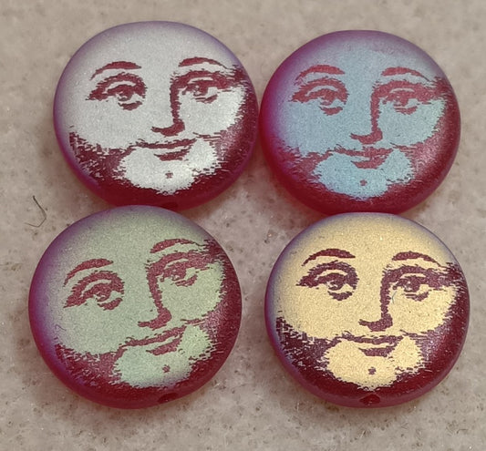 4 x 14mm disc beads in Matt Red with laser etched Man in the Moon