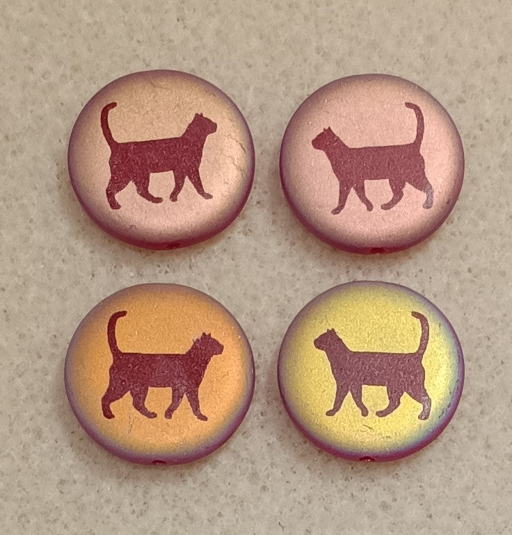 4 x 17mm disc beads in Matt Red with walking cat