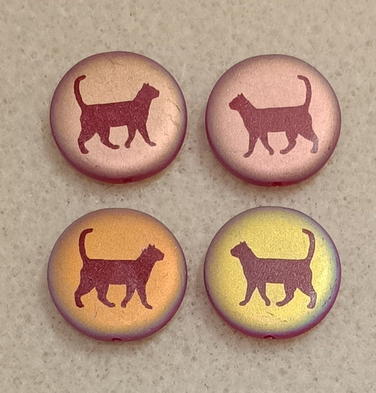 4 x 17mm disc beads in Matt Red with walking cat