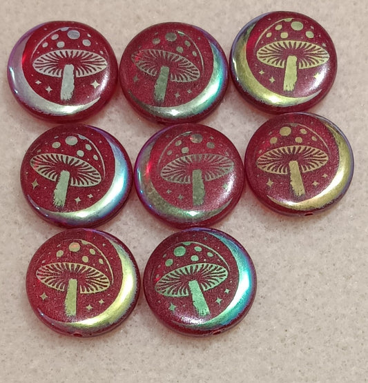 8 x 17mm disc beads in Dark Red with Toadstool design