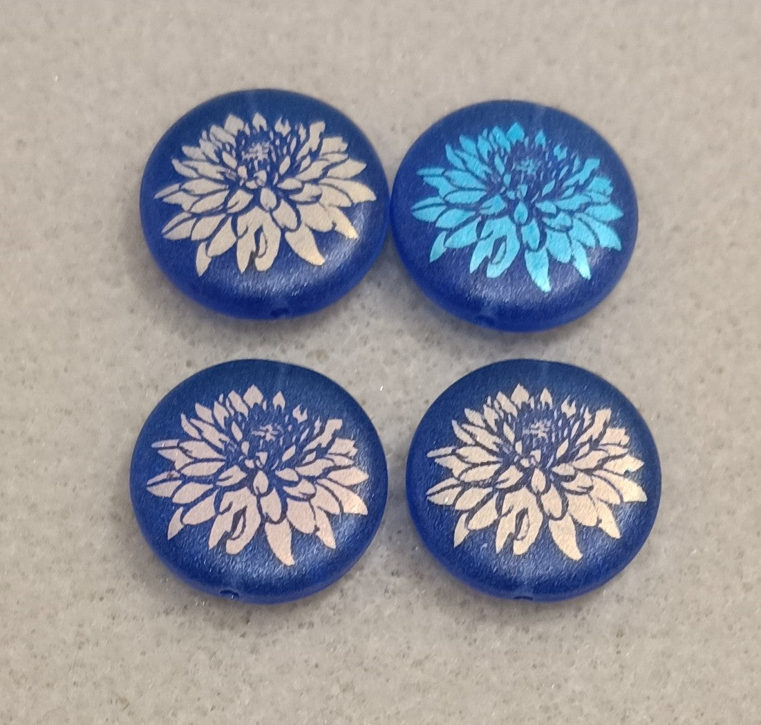 4 x 17mm disc beads in Matt Dark Blue with Dahlia