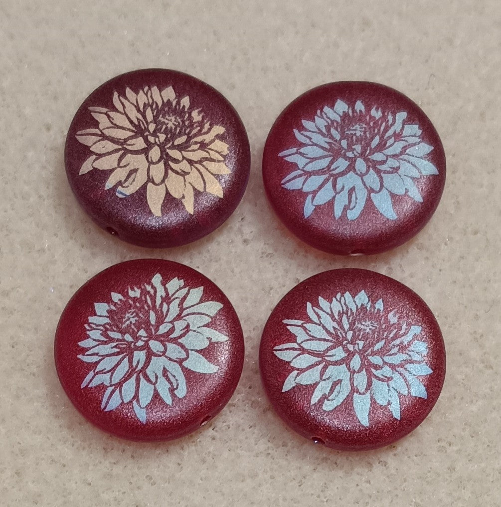 4 x 17mm disc beads in Matt Dark Red with Dahlia