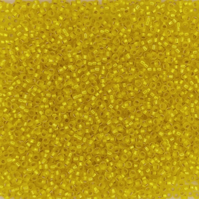 0006F - 5g Size 15/0 Miyuki seed beads in Matt Silver lined Yellow