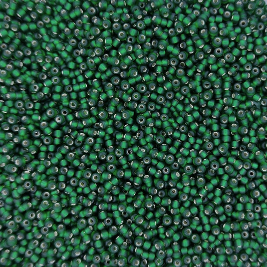 0027F - 5g Size 15/0 Miyuki seed beads in Matt Silver lined Dark Emerald