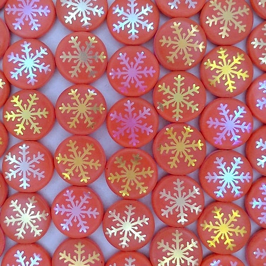 8 x 14mm disc beads in Orange with Snowflake 2 design