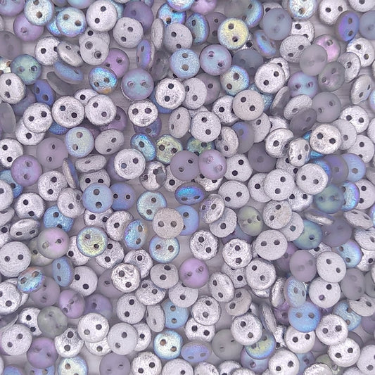 50 x two hole lentils in etched Silver Rainbow