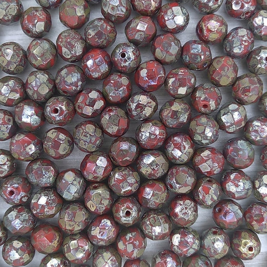 25 x 8mm faceted beads in Coral Red Picasso