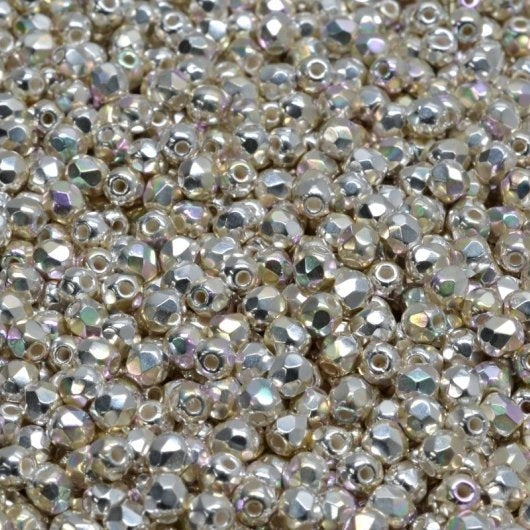 50 x 3mm faceted beads in Sterling Silver plated AB