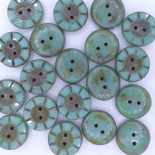 B40 - 2 x 14mm table cut buttons in Green Turquoise Picasso