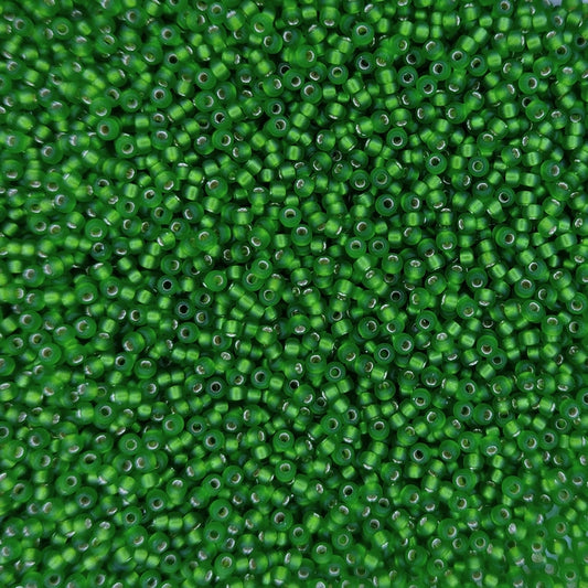 0016F - 5g Size 15/0 Miyuki seed beads in Matt Silver lined Green