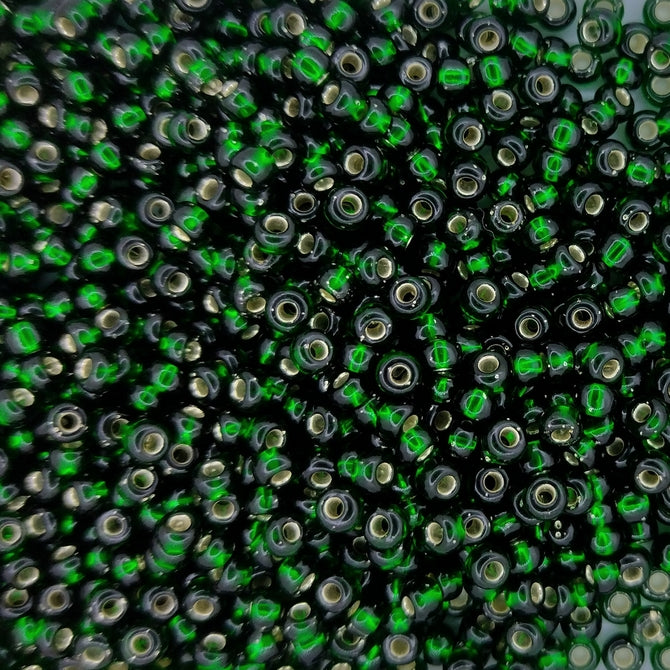 0027 - 10g Size 8/0 Miyuki seed beads in Silver lined Dark Emerald