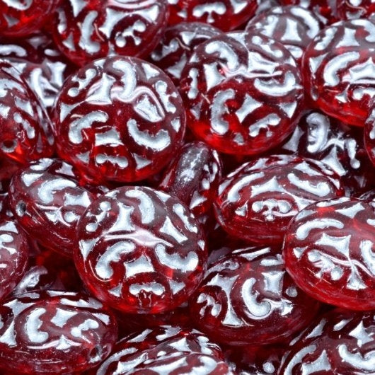 5 x 14mm lentil beads with Ornaments in Ruby Red with SIlver