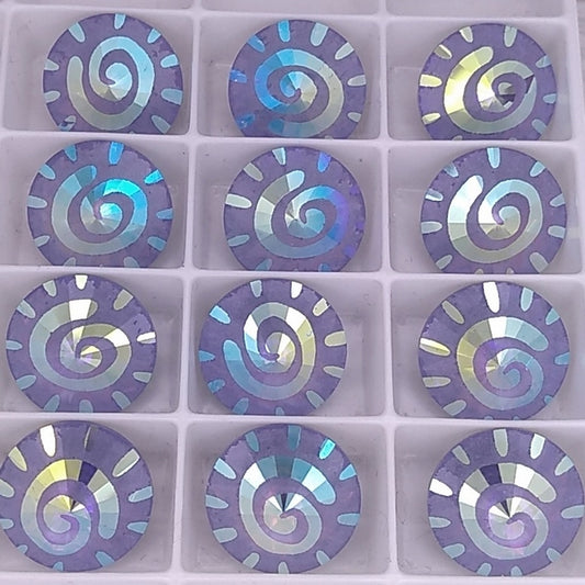 14mm Rivoli in Tanzanite with laser etched Swirl or Sun (Swarovski)