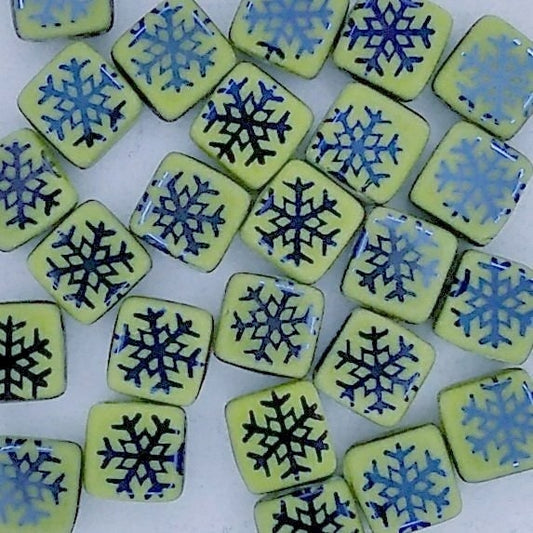 25 x 6mm Czech tiles in Yellow with Laser etched Snowflakes