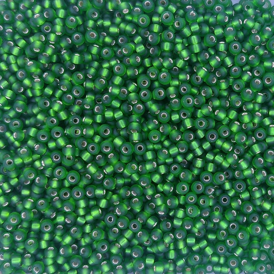 0016F - 10g Size 11/0 Miyuki seed beads in Matt Silver lined Green