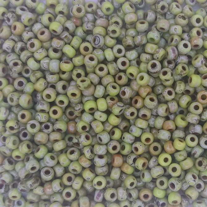 4515 - 10g Size 8/0 Miyuki seed beads in Opaque Chartreuse Picasso