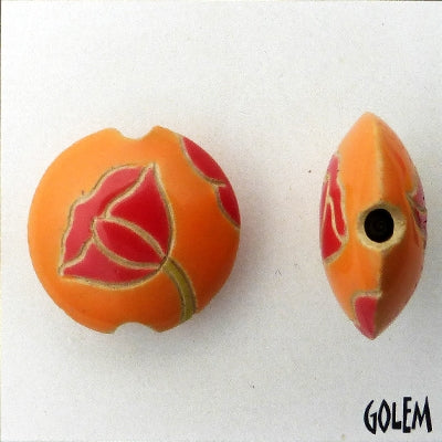 CLB-011-A-M lentil bead in Red Poppies on Orange from Golem Studio