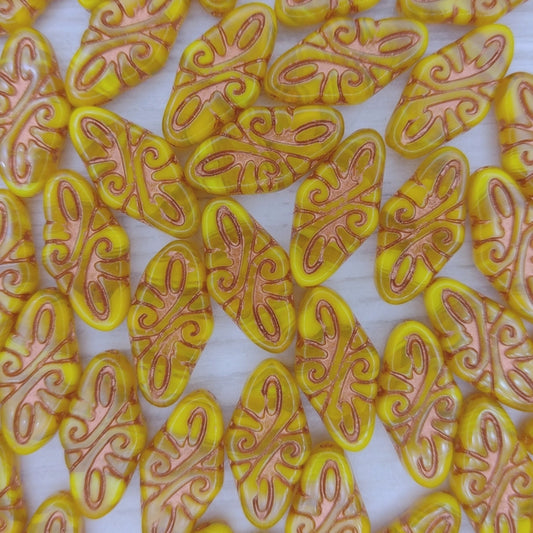 4 x Arabesque beads in Opaque Yellow/Copper (19x9mm)