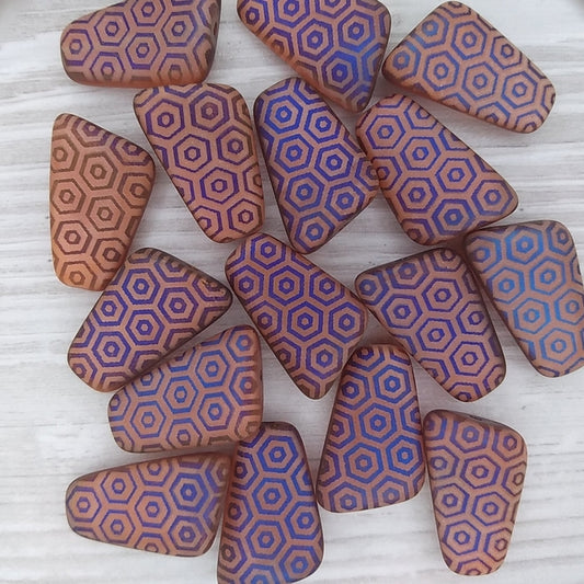 21x14mm bead in Matt Orange with laser etched Blue Hexagons