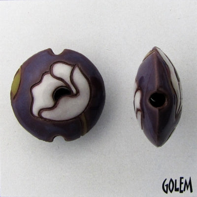 CLB-093-A-M lentil bead in White Poppies on Purple from Golem Studio