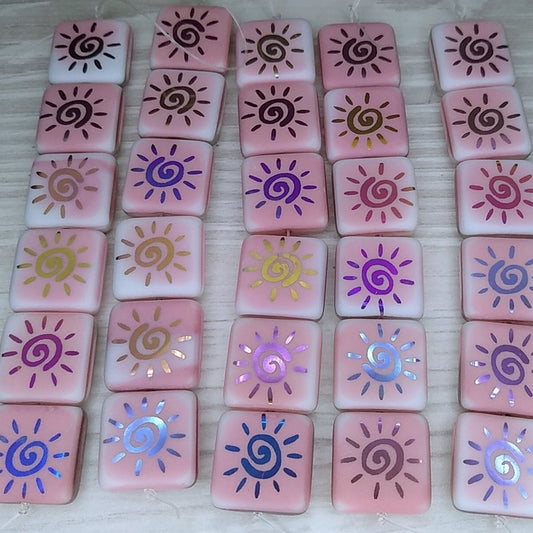 6 x 15mm square beads in Pink and White with laser etched sun