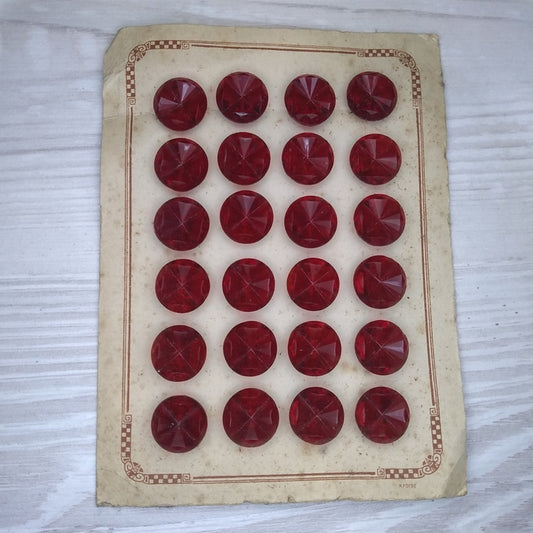 Original card with 24 x 13mm vintage Red glass buttons