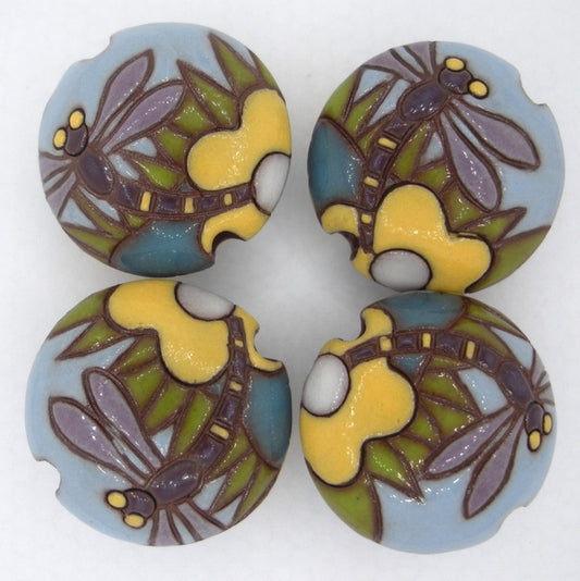 CLB-015-C-M Terracotta lentil bead with Dragonflies from Golem Studio