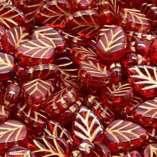 15 x Mint leaves in Siam Ruby with Gold (10x8mm)