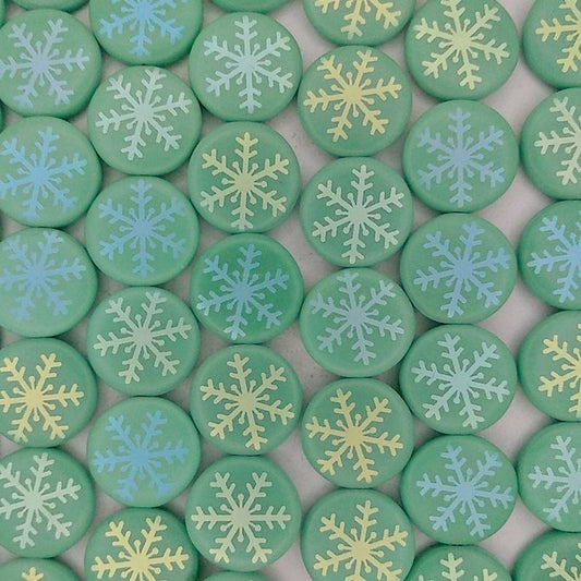 8 x 14mm disc beads in Matt Green with Snowflake 2 design