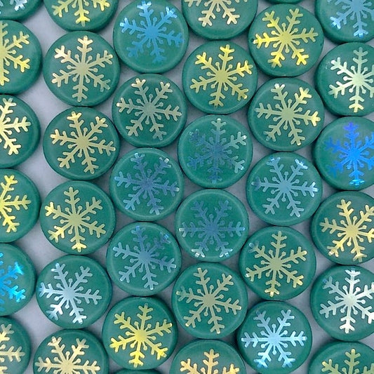 8 x 14mm disc beads in Dark Green with Snowflake 2 design