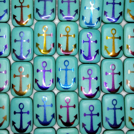 6 x rectangular beads in Green Turquoise with Anchor (18x12mm)