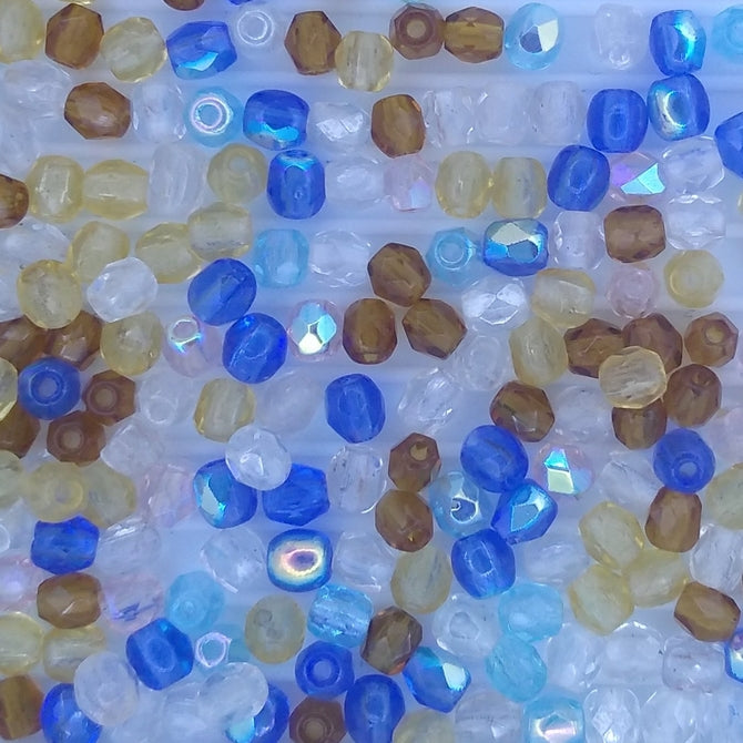 50 x 3mm faceted beads in Brown- Blue and Crystal mix