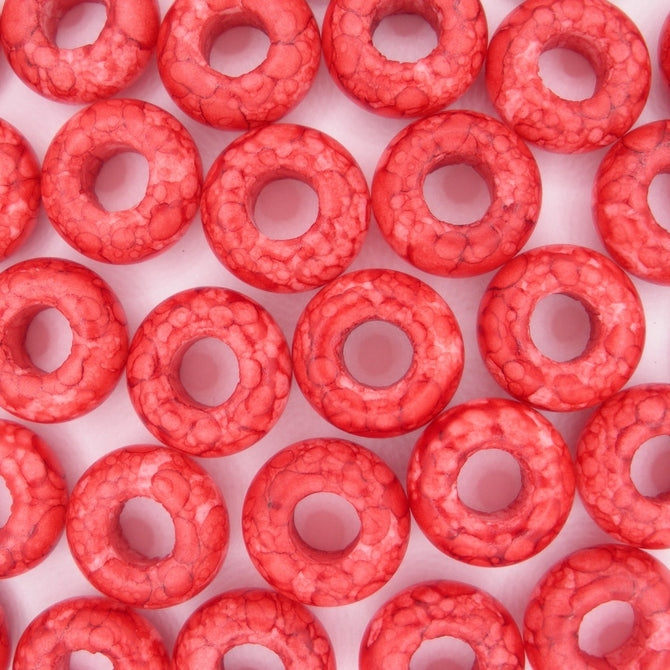 6 x large hole beads in Red Marble (6x13mm)