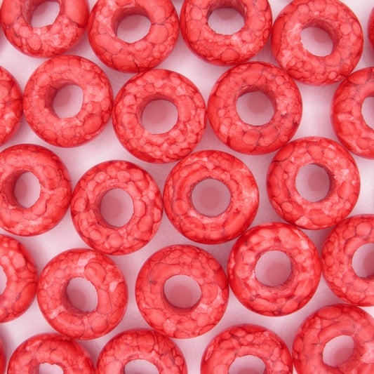 6 x large hole beads in Red Marble (6x13mm)