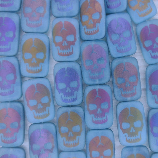 6 x rectangular beads in Matt Blue Grey with laser etched Skull (18x12mm)