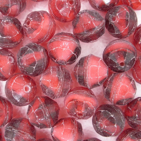 4 x 12mm Red/White faceted beads (1960-70s)