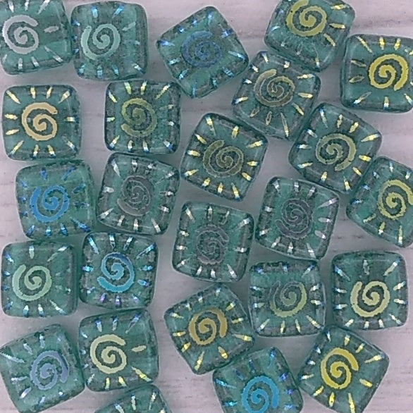 25 x 6mm Czech tiles in Emerald Green with laser etched Sun