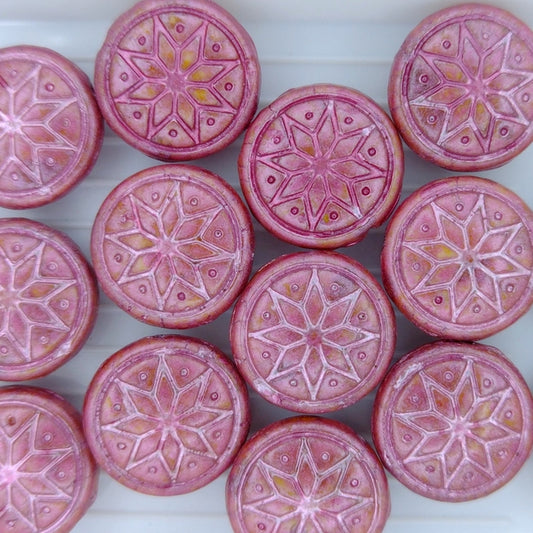 4 x 13mm coins with flowers in Rose Picasso with Pink Lustre