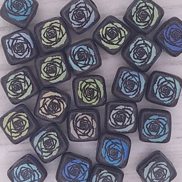 25 x 6mm Czech tiles in Matt Black with laser etched Rose