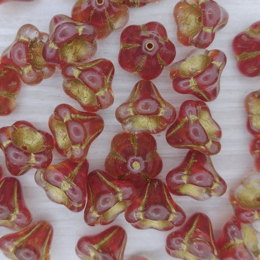 5 x Bell Flowers in Cranberry with Gold (11x13mm)
