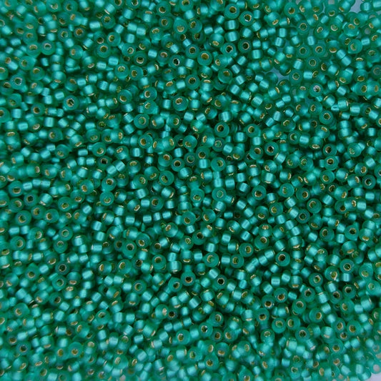 0017F - 5g Size 15/0 Miyuki seed beads in Matt Silver lined Emerald