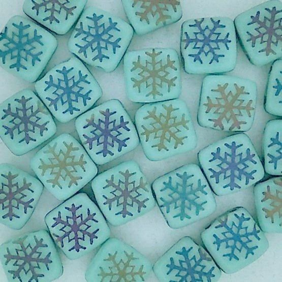 25 x 6mm Czech tiles in Matt Green with Laser etched Snowflakes