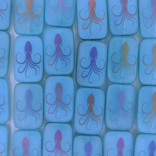 6 x rectangular beads in Matt Blue with laser etched Octopus (18x12mm)