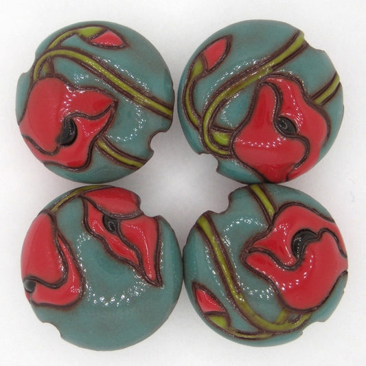 CLB-094-B-M lentil bead in Red Poppies on Aqua from Golem Studio