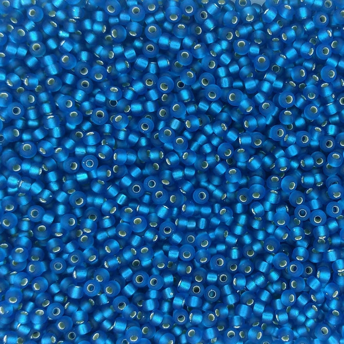 0025F - 10g Size 11/0 Miyuki seed beads in Matt Silver lined Capri Blue