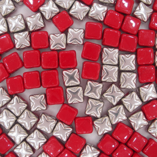 25 x 6mm Silky beads in Opaque Red/Silver